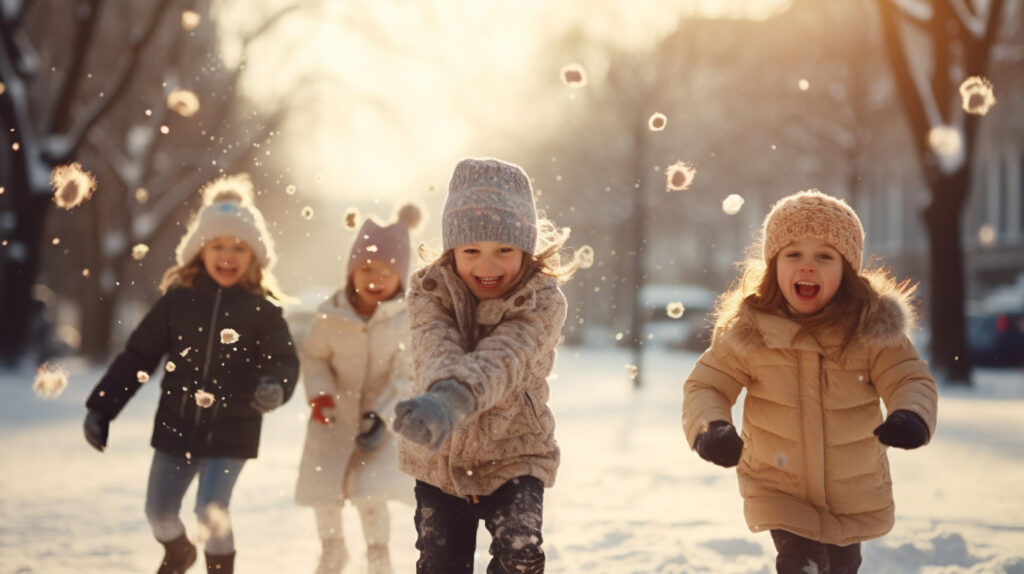 Kislányok gyerek téli dzsekiben szaladnak a hóban